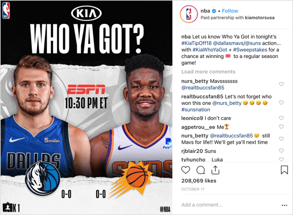 NBA samarbetade med sponsorn Kia Motors för att ge bort spelbiljetter i början av säsongen på Instagram.