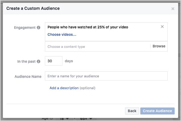 Facebook anpassad publik baserat på videovisningar på 30 dagar.
