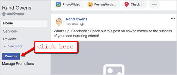 Gå till din Facebook-sida och klicka på knappen Marknadsför under navigeringsflikarna.