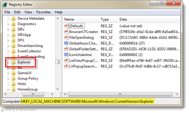 hitta registy-nyckeln för den aktuella versionen av explorer i Windows 7-registret