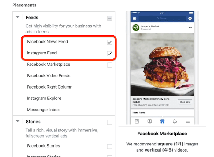 Facebook-nyhetsflöde och Instagram-flödesplaceringar valda på annonsinställningsnivå i Facebook Ads Manager