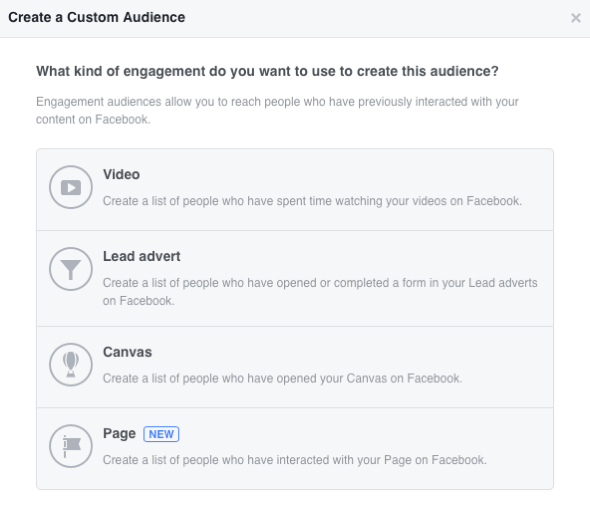 Facebook låter dig skapa fyra engagemangsbaserade anpassade målgrupper.