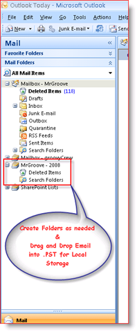 Inkorgen i Outlook 2007 som visar .PST-persondatafilen i navigeringsfönstret:: groovyPost.com