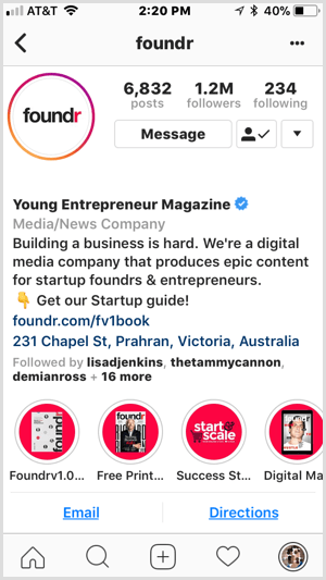 Instagram-märkta höjdpunkter på Foundr-profilen.