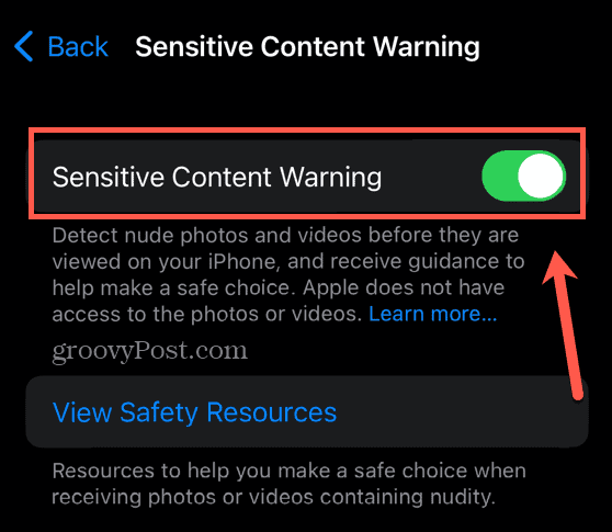 Varning för iOS-känsligt innehåll slås på