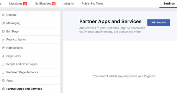 Klicka på Partnerappar och -tjänster på din Facebook-sida Inställningar.