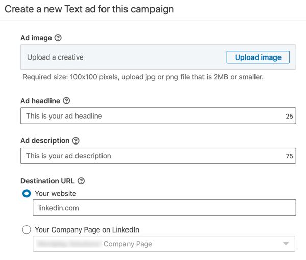Hur man skapar LinkedIn-textannons, steg 12, inställningar för annonstext