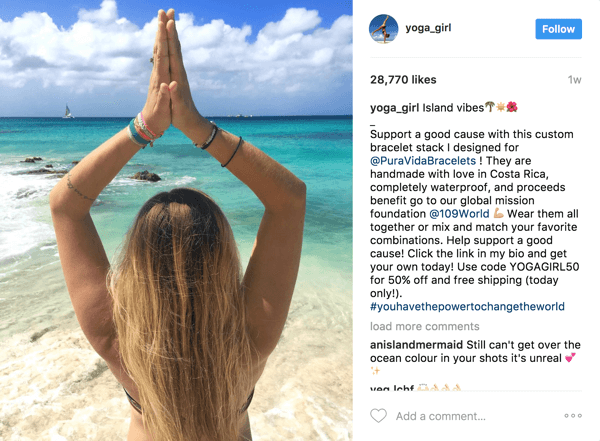 I denna betalda influencer-post kunde Pura Vida utnyttja Rachel Brathens (yoga_girl) 2,1 miljoner följare och spåra ROI genom en exklusiv kupong.