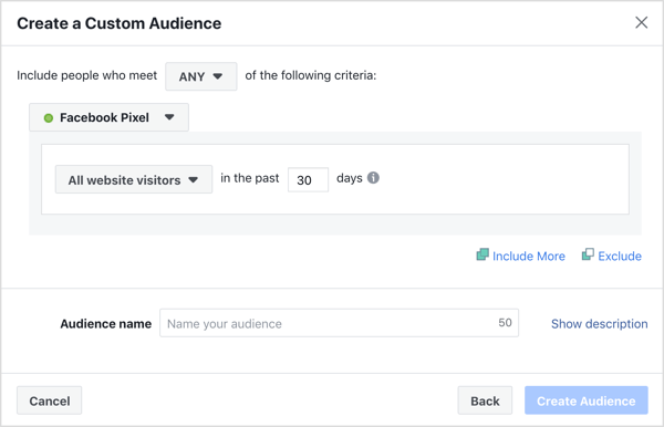 Standardinställningar för att skapa en anpassad publik på Facebook-webbplatsen.