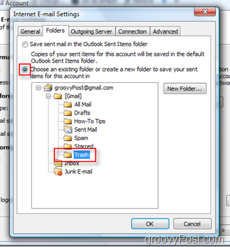 Konfigurera SEND Mail-mapp för iMAP-konto i Outlook 2007:: Välj Papperskorg