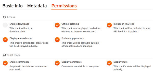 Kontrollera fliken Behörigheter för att se till att din ljudfil ingår i ditt SoundCloud RSS-flöde.
