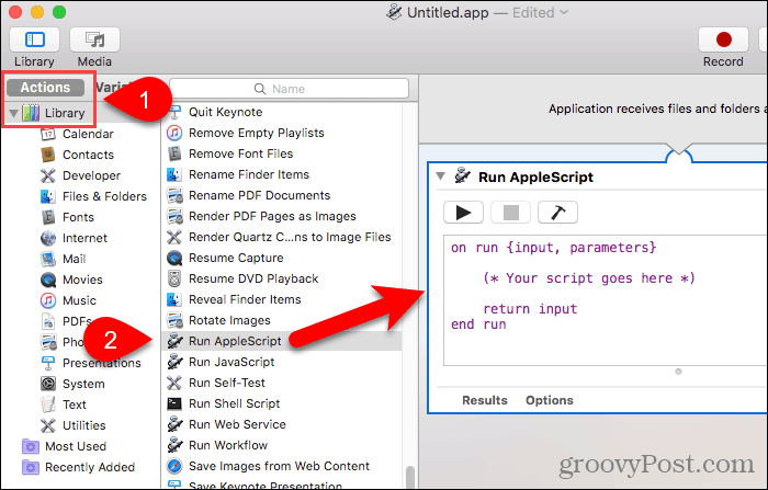 Dra Kör AppleScript till arbetsflödespanelen i Automator