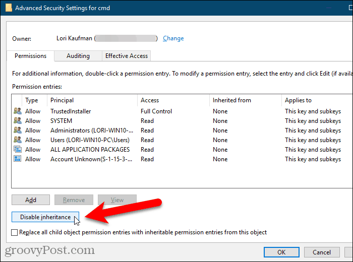 Klicka på Inaktivera arv i dialogrutan Avancerade säkerhetsinställningar i Windows-registret