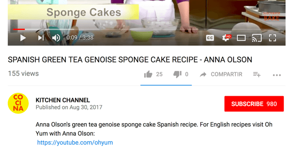 Cocina dirigerar engelsktalande publik till en annan matlagningskanal på YouTube.