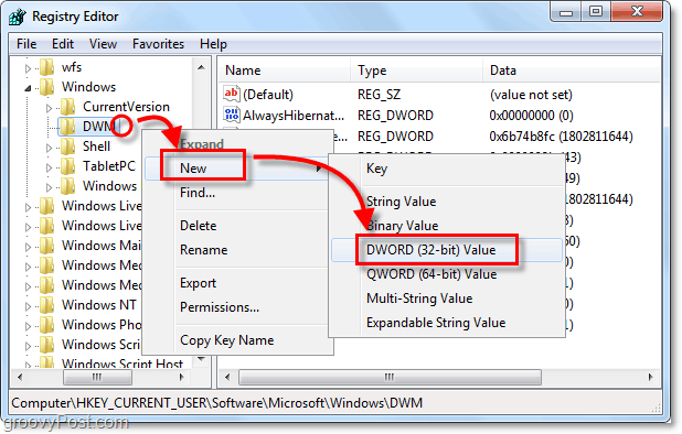 skapa en ny dwm dword-nyckel i Windows 7