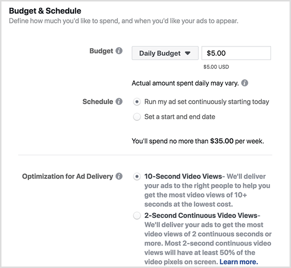 Facebook-annonsbudget och schemaläggningsalternativ inkluderar en daglig budget och 10 sekunders visningar.
