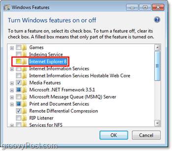 klicka på och avmarkera Internet Explorer 8 för att ta bort den