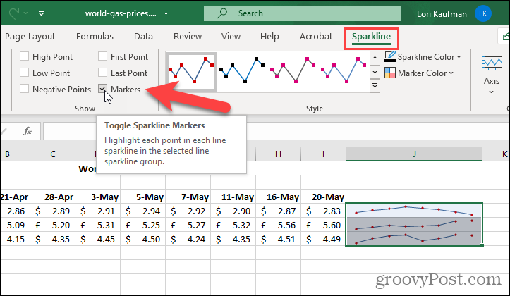 Visa markörer på Sparklines i Excel