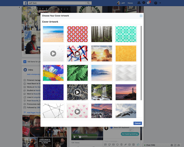 Facebook tillåter nu användare att välja en video för en profilomslagsbild från Artwork-biblioteket. 