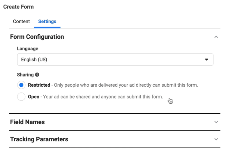 Facebook-leadannonser skapar nytt leadformulär för att justera formulärkonfigurationsinställningar för språk som är inställt på engelska och delning som är inställt på begränsat