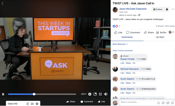 Använd ett sexstegs arbetsflöde för att skapa video för flera plattformar, exempel på en livestream Facebook-video från Jason McCabe Calacanis