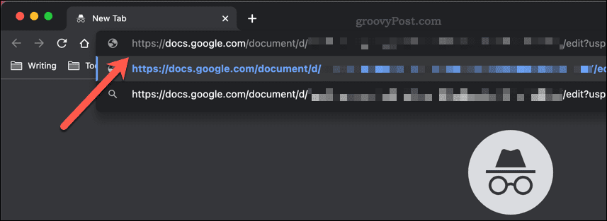 Klistra in en delningslänk för Google Dokument i adressfältet i ett inkognitofönster i Google Chrome