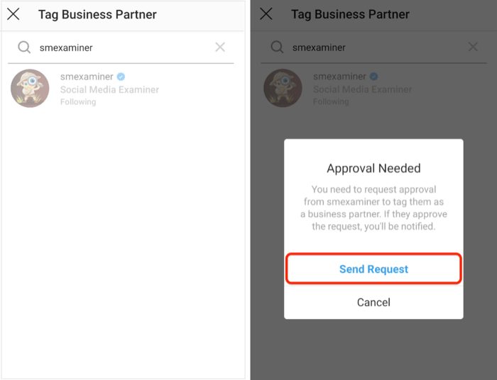 skicka en begäran om godkännande till affärspartnern på Instagram