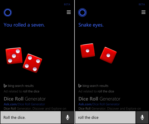 Vänd ett mynt eller rulla tärningarna med Cortana på Windows Phone 8.1