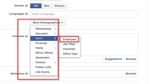 Facebook-annons arbetsplatsinriktningsalternativ
