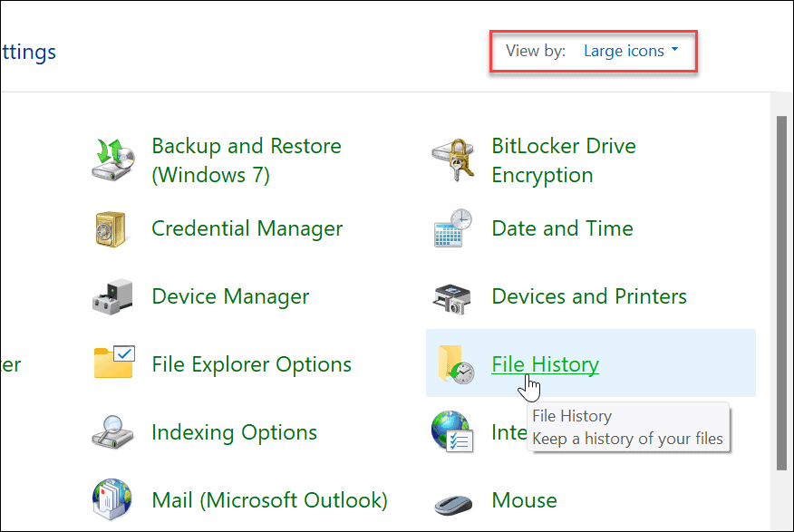 filhistorik kontrollpanel filhistorik på Windows 11