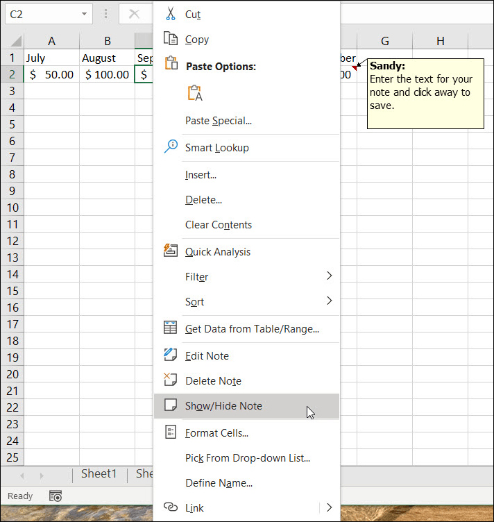 Visa eller dölj anteckningar i Excel
