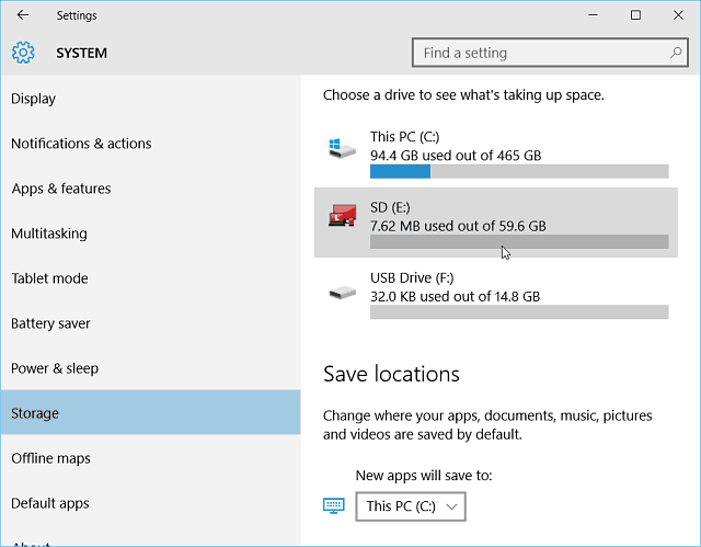 Inställningar Lagring Windows 10
