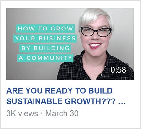 För att undervisa i en Facebook-grupp delar Caitlin Bacher video som den här videon med texten How To Grow Ditt företag genom att bygga en gemenskap och en bild av Caitlin från axlarna och uppåt kamera.