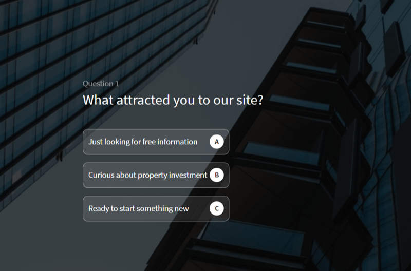 exempel på en webbplatsquiz som används för att kvalificera potentiella kunder på en webbplats för utbildning av fastighetsinvesteringar