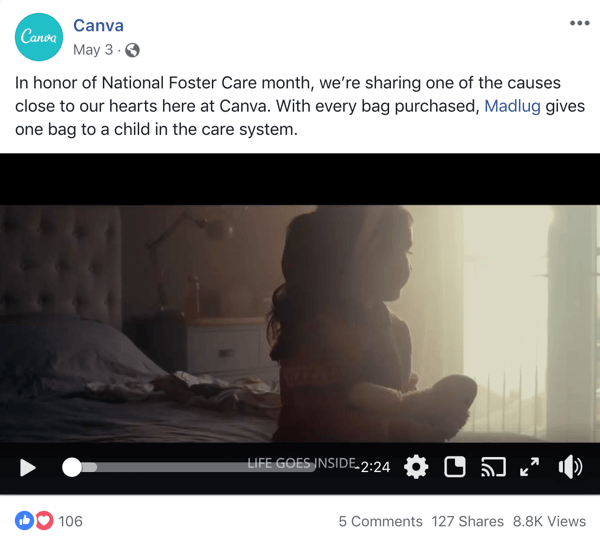 Exempel på Facebook-inlägg med en ideell organisation som ropar från Canva.