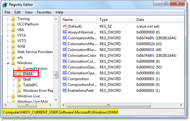 öppna dwm-registernyckeln i Windows 7