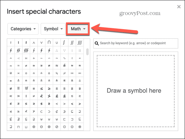 Google Slides matematiska symboler