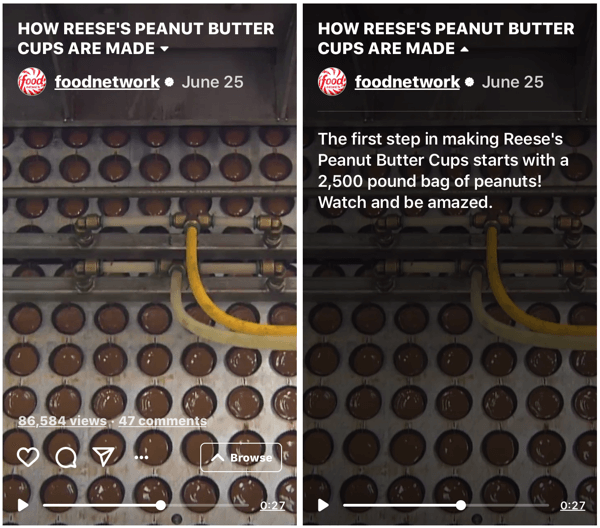 Exempel på Food Networks IGTV-show som visar hur Reese's Peanut Butter Cups tillverkas.