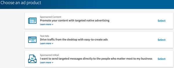 Välj vilken typ av LinkedIn-annons du vill skapa.
