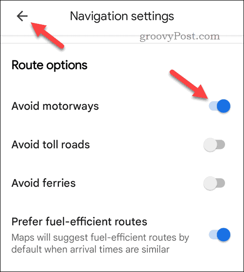 Inställning för att alltid undvika motorvägar i Google Maps