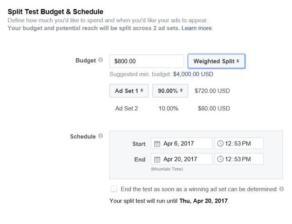 Facebook låter dig styra hur mycket budget som ska tilldelas varje annonsuppsättning.