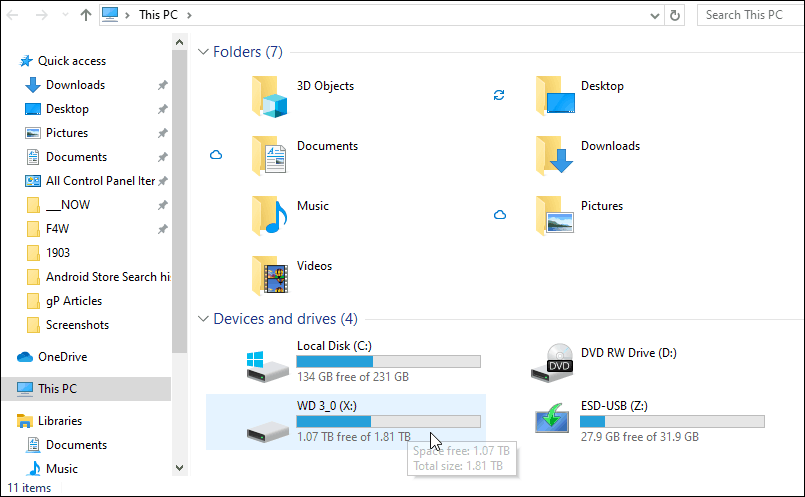 1903 Traditionell Denna PC File Explorer-lagring