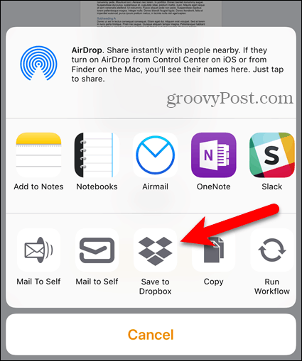 Tryck på Dropbox på Share-ark på iOS