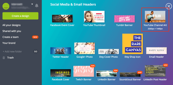 Canva erbjuder en mängd olika sociala mediamallar, inklusive en för YouTube-kanalkonst.