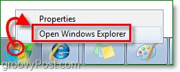 för att gå in i Windows 7 explorer, högerklicka på starthjulet och klicka på öppna windows explorer