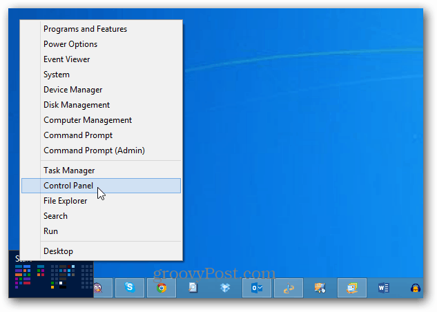 Kontrollpanelen Windows 8 Power Menu