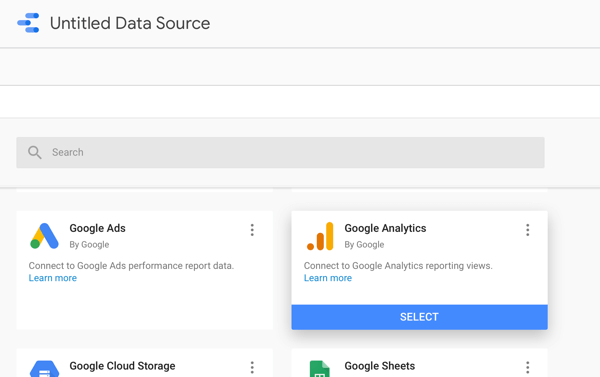 Använd Google Data Studio för att analysera dina Facebook-annonser, steg 2, alternativet att använda Google Analytics som din datakälla
