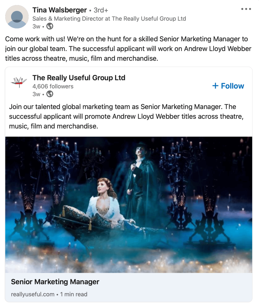 bild av rekryteringsinlägget på LinkedIns företagssida som delas vidare av anställd på personlig profil