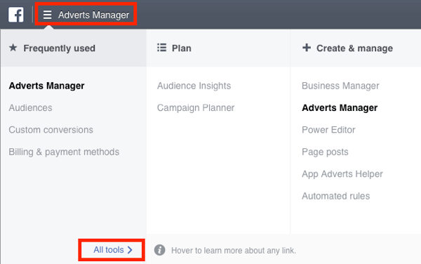 Navigera till Facebook Ads Manager-menyn och välj Alla verktyg.