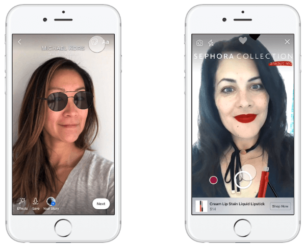 Michael Kors var det första varumärket som testade AR-annonser i News Feed, vilket gjorde det möjligt för människor att testa ett par solglasögon och göra ett köp baserat på deras erfarenhet.